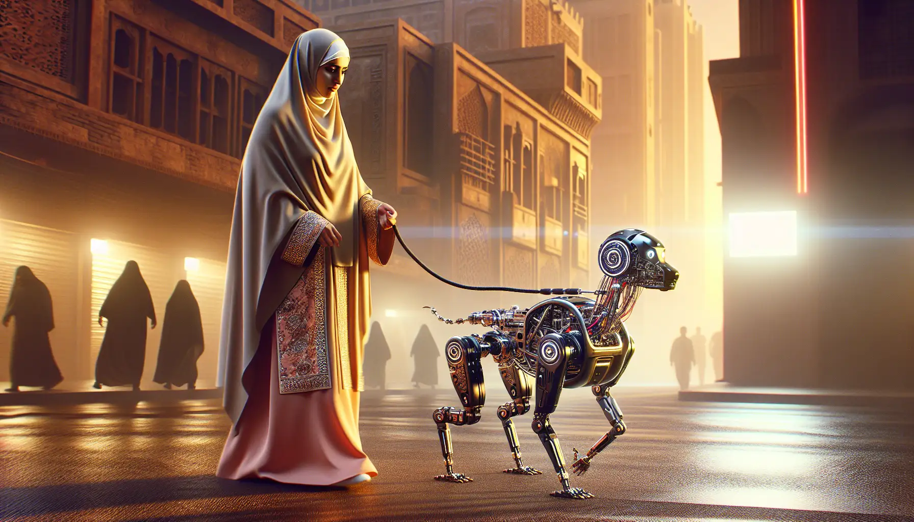 A person walking a dog on a leash, but the dog is a sophisticated robot, illustrating the types of Artificial General Intelligence and the potential master-pet dynamic between humans and AGI.