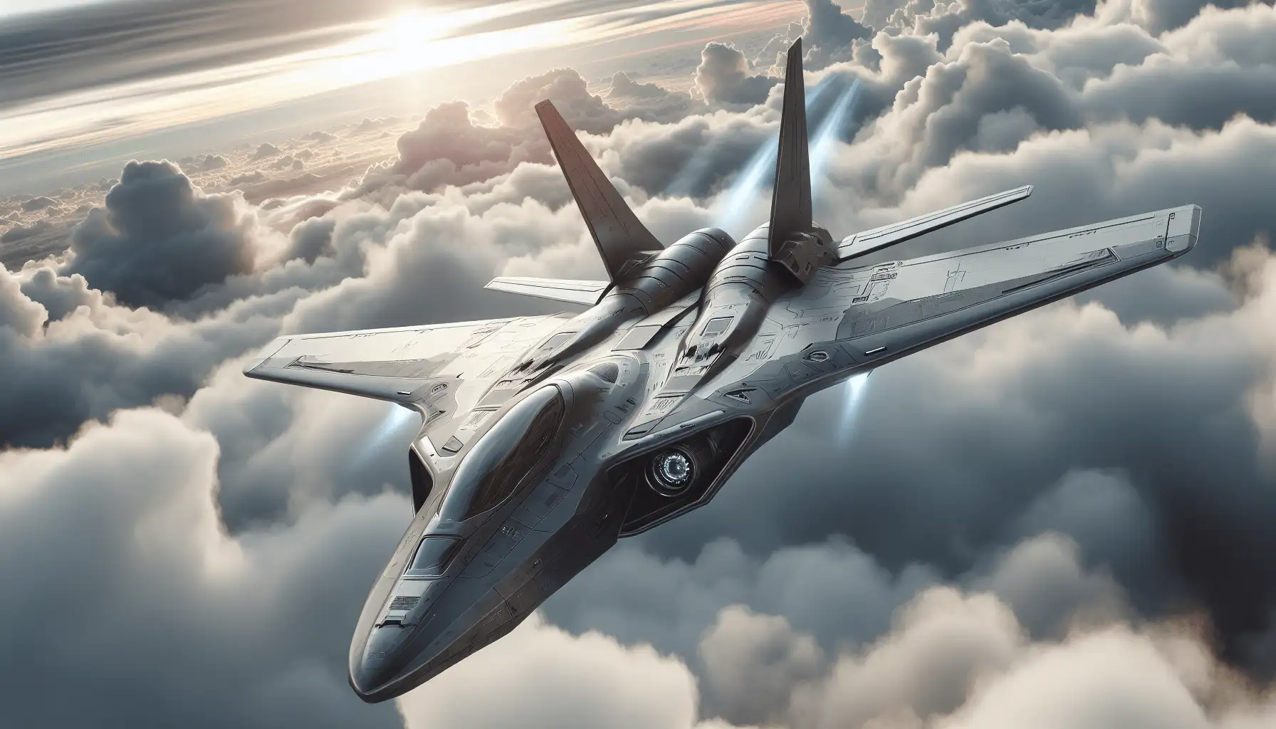 A futuristic fighter jet streaks across a blue sky, its silhouette sleek and modern. Embedded within the cockpit are digital displays showcasing complex information and targeting data.